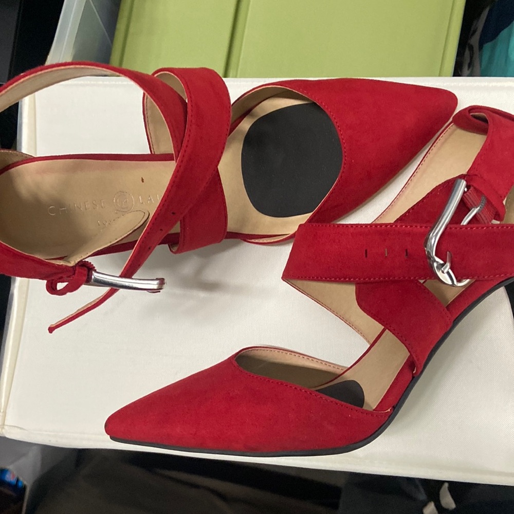 Red fabric point toe heels